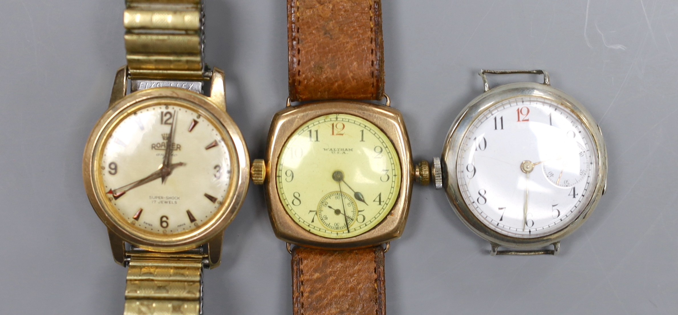 A gentleman's 9ct gold Waltham wristwatch, a Swiss silver wristwatch and a gold plated Roma wristwatch